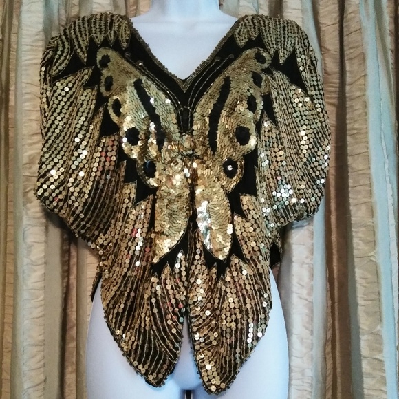 Small  Vintage Gold Sequin Butterfly Top - Picture 7 of 11